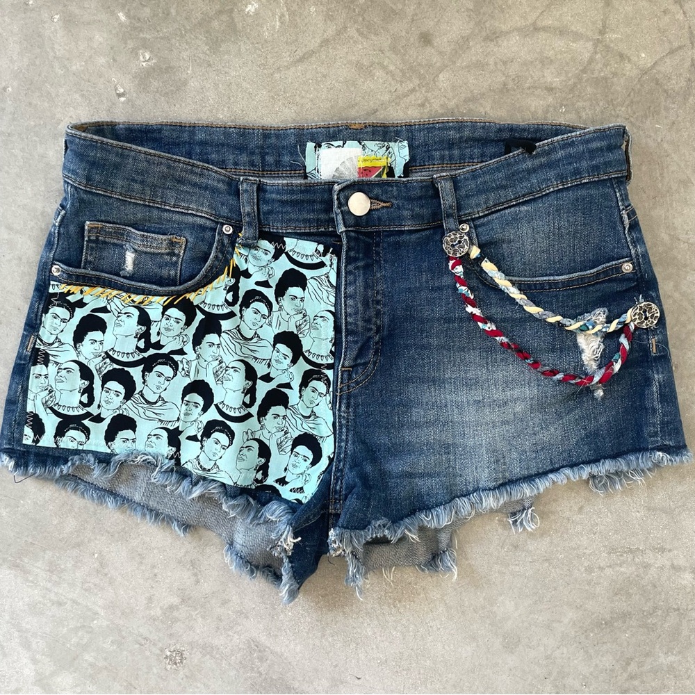 Frida Kahlo Upcycled one of a kind denim shorts